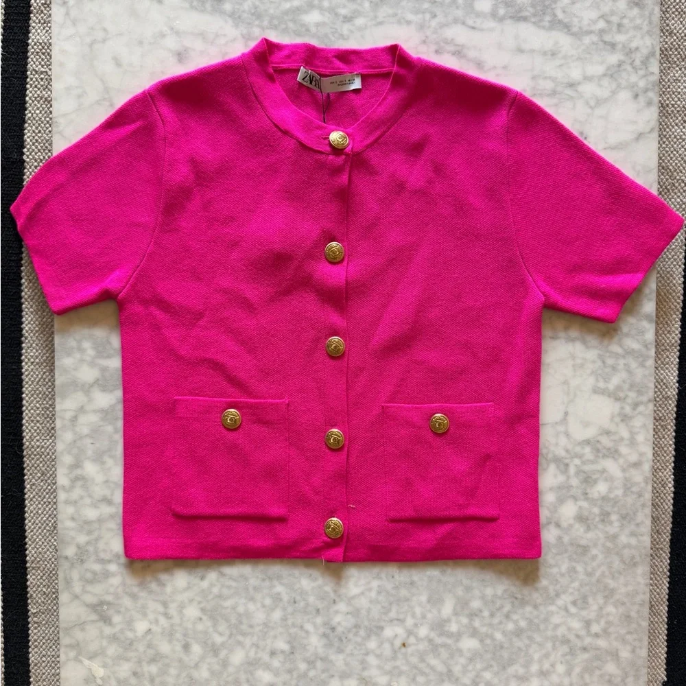 Zara Women’s Short Sleeve Knit Cardigan, Fuchsia, Size Small, NWT - Picture 2 of 3